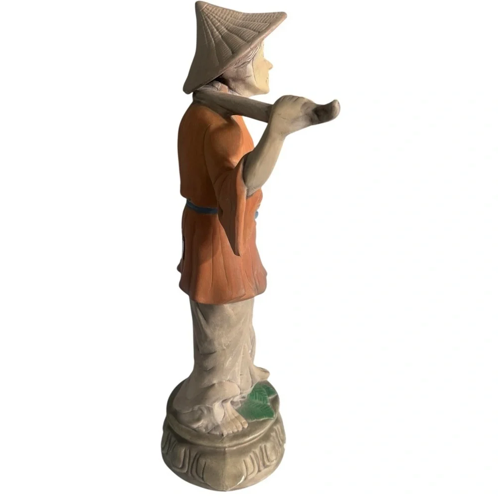 Vintage Asian Handcrafted Farmer Statue in Orange and Brown